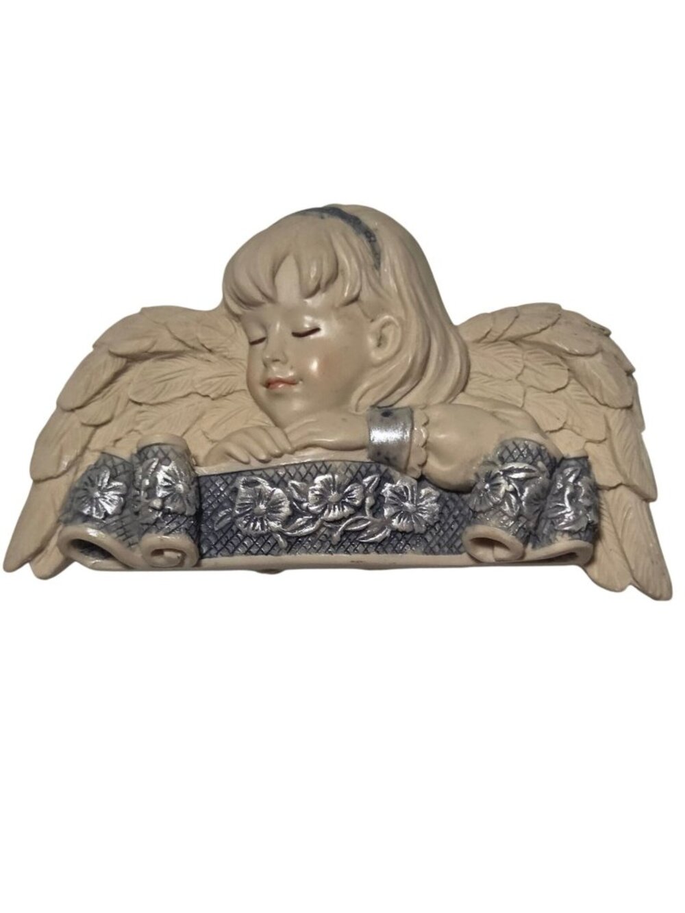Vintage Sleeping Guardian Angel Magnet Cherub 3D Victorian Silver Tone Floral